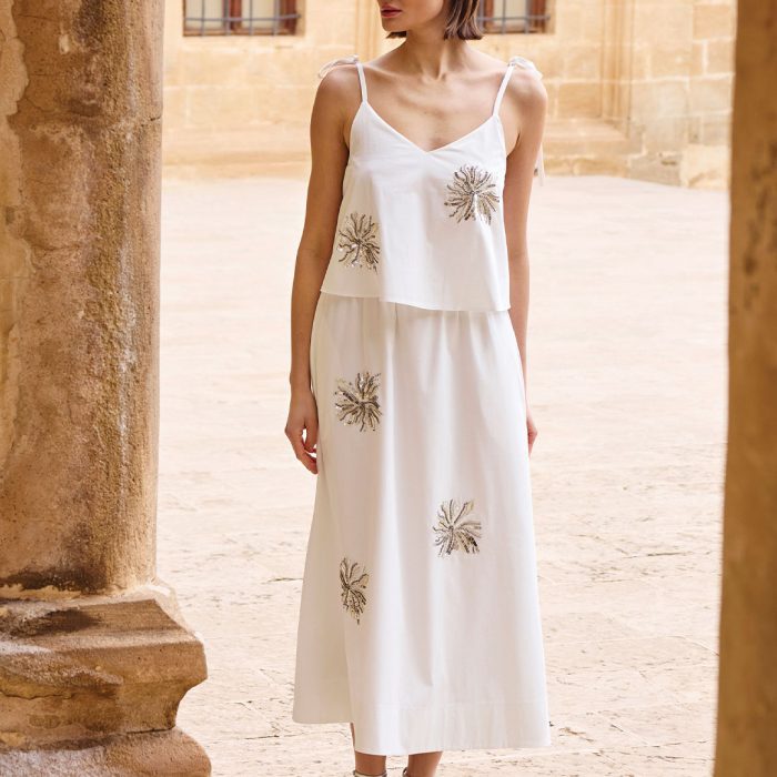 Cotton Kumaş Nakış Detaylı Kolsuz Elbise