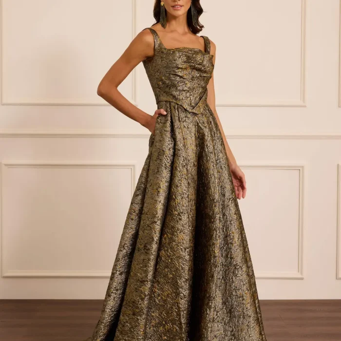 Korsajlı Askılı Jakar Elbise