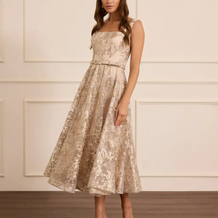 Kare Yaka Desenli Kemerli Abiye