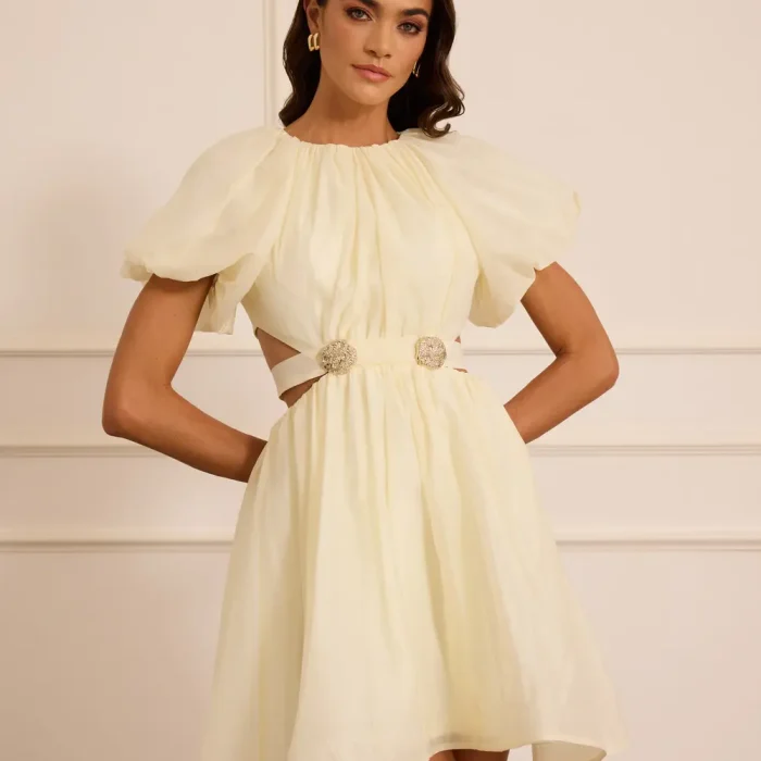 Pencere Detaylı Balon Kol Mini Abiye