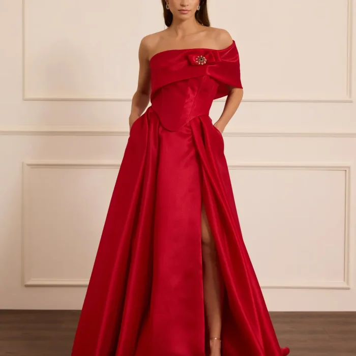 Korsajlı Taş Aksesuarlı Saten Elbise