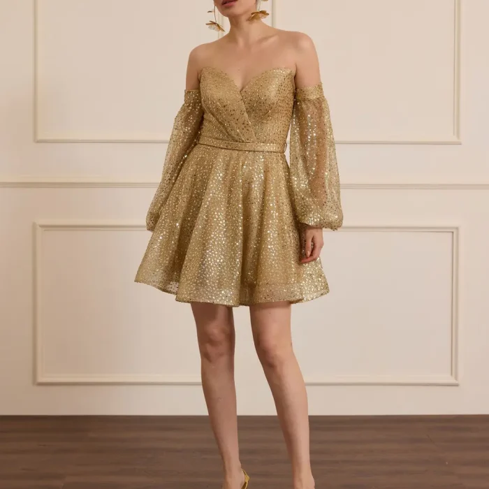 Çıkarılabilir Kollu Kalp Yaka Pullu Mini Abiye