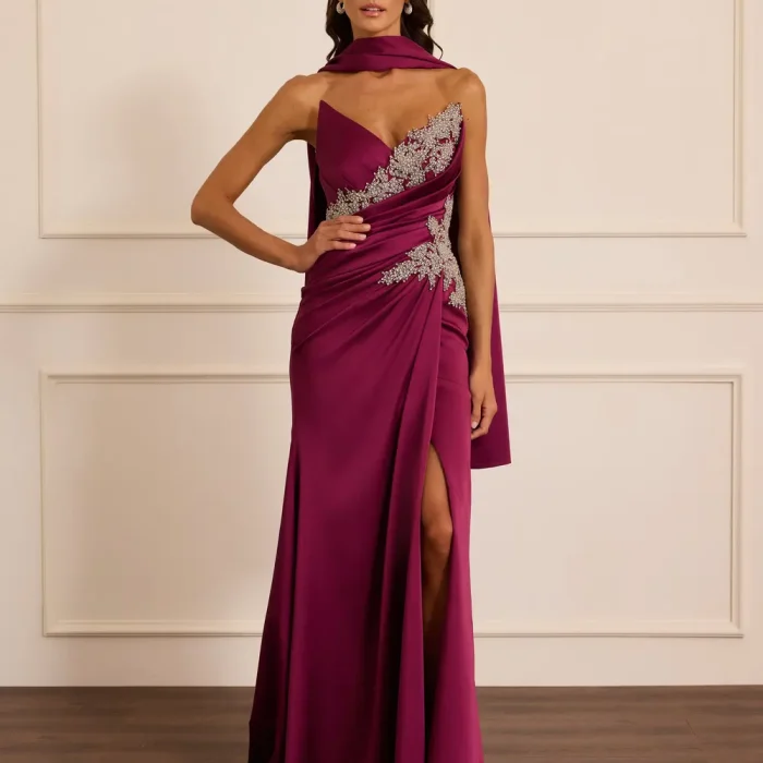 Taşlı Fular Detaylı Saten Abiye