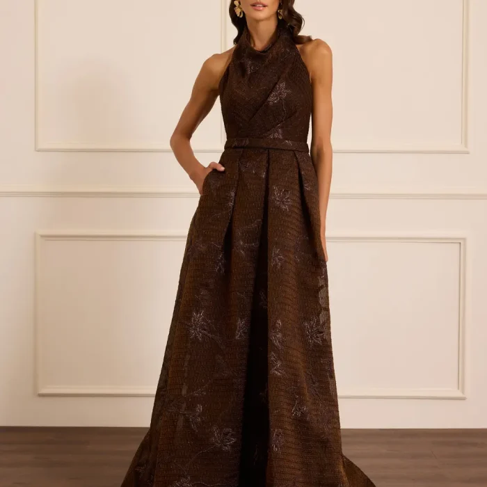 Degaje Yaka Desenli Kolsuz Abiye