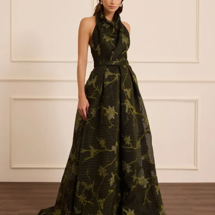 Degaje Yaka Desenli Kolsuz Abiye