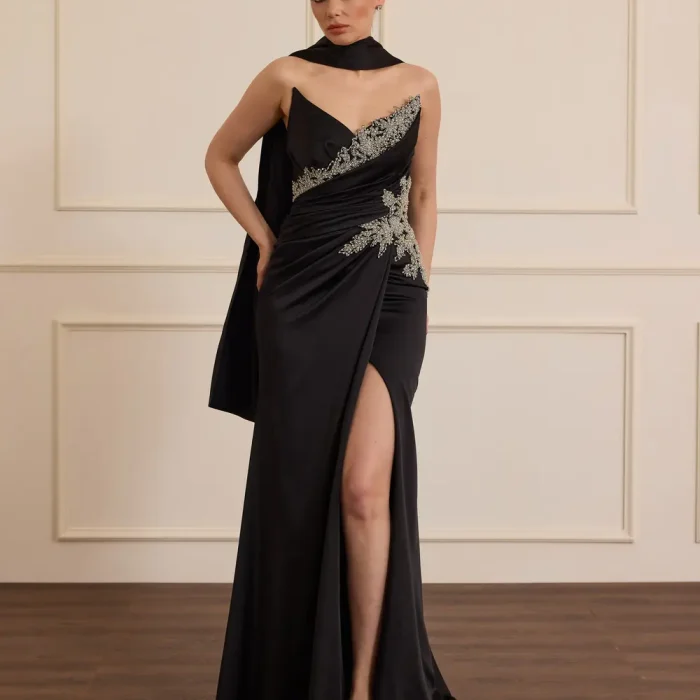 Taşlı Fular Detaylı Saten Abiye