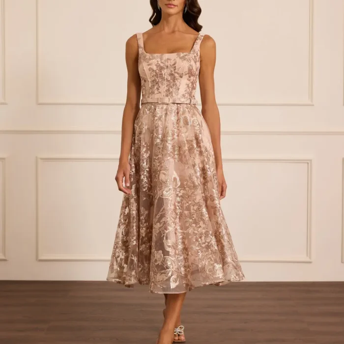 Kare Yaka Desenli Kemerli Abiye