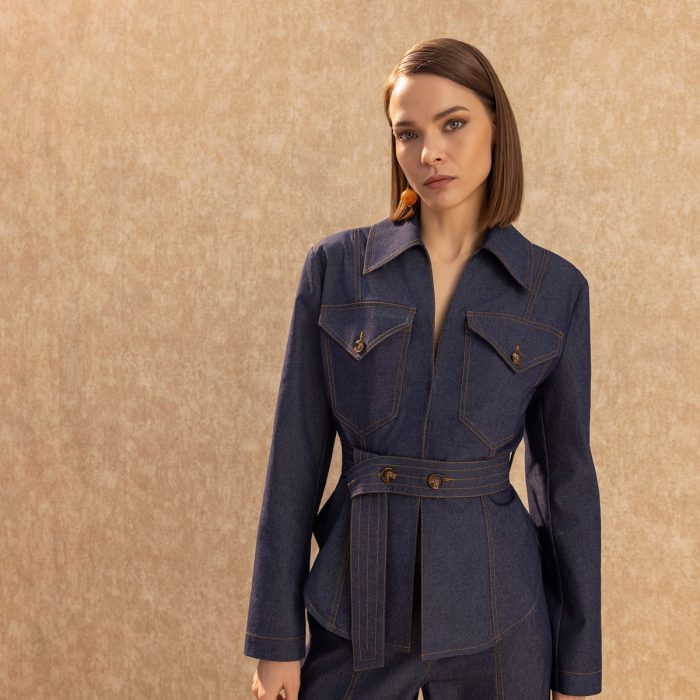 Bele Oturan Kuşaklı Ceket Deni̇m