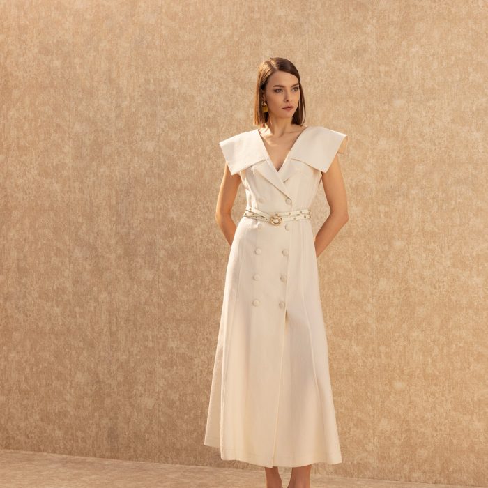 Geniş Yaka Kruvaze Elbise Ekru