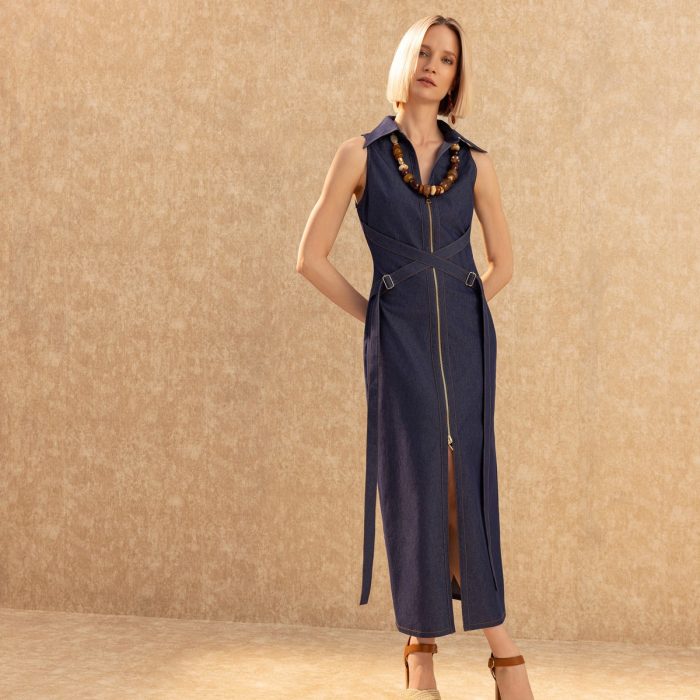 Bağlamalı Halter Yaka Elbise Deni̇m