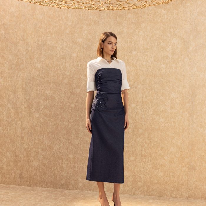 İşlemeli Straplez Elbise Deni̇m