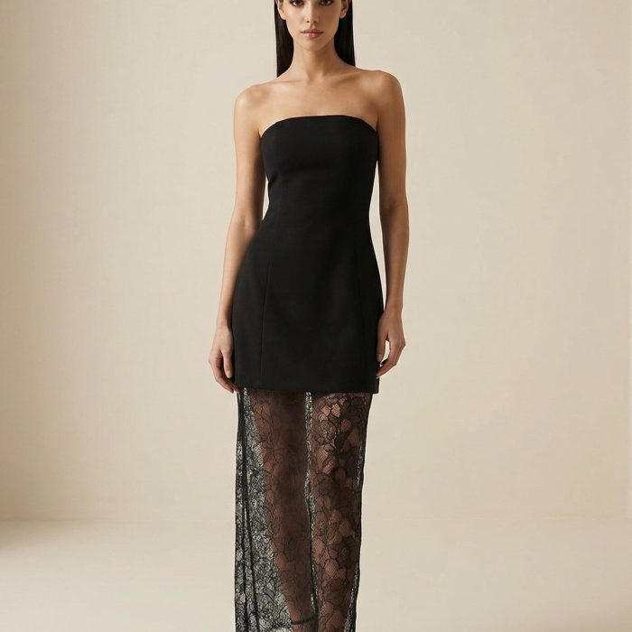 Siyah Straplez, Dantel Detaylı Tam Kalıp Uzun Elbise