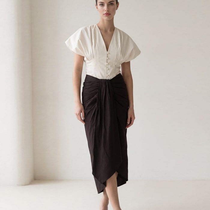 Acı-Kahve Drape Ve Bel Detaylı Tam Kalıp Etek