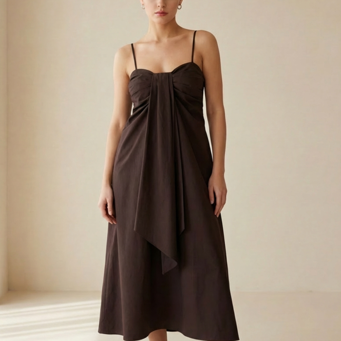 Acı-Kahve %100 Pamuk Yaka Detaylı Rahat Kesim Elbise