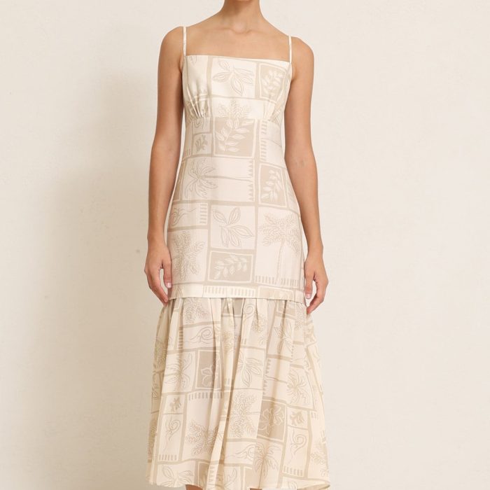 Bej İnce Askılı Etek Detaylı Desenli Elbise